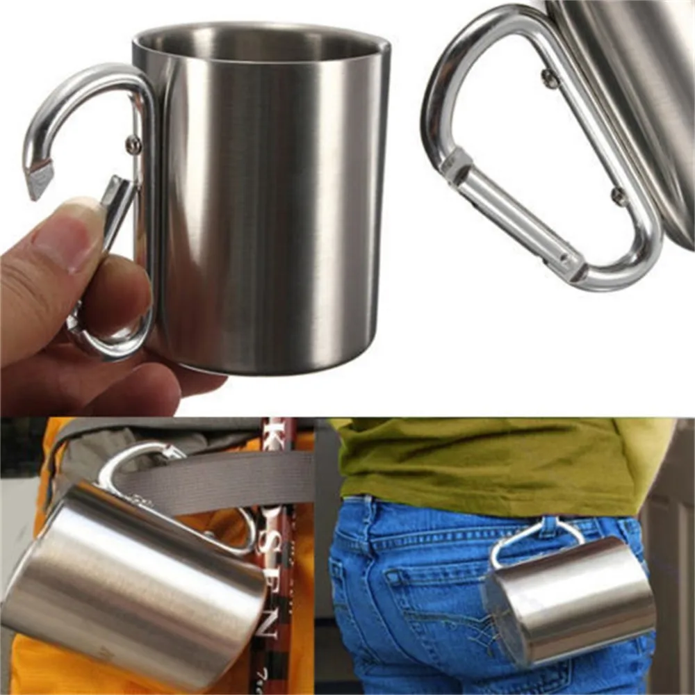 

Portable Outdoor Stainless Steel Water Tea Coffee Mug Self Lock Carabiner Handle Cup For Camping Hiking Climbing Drop Shipping