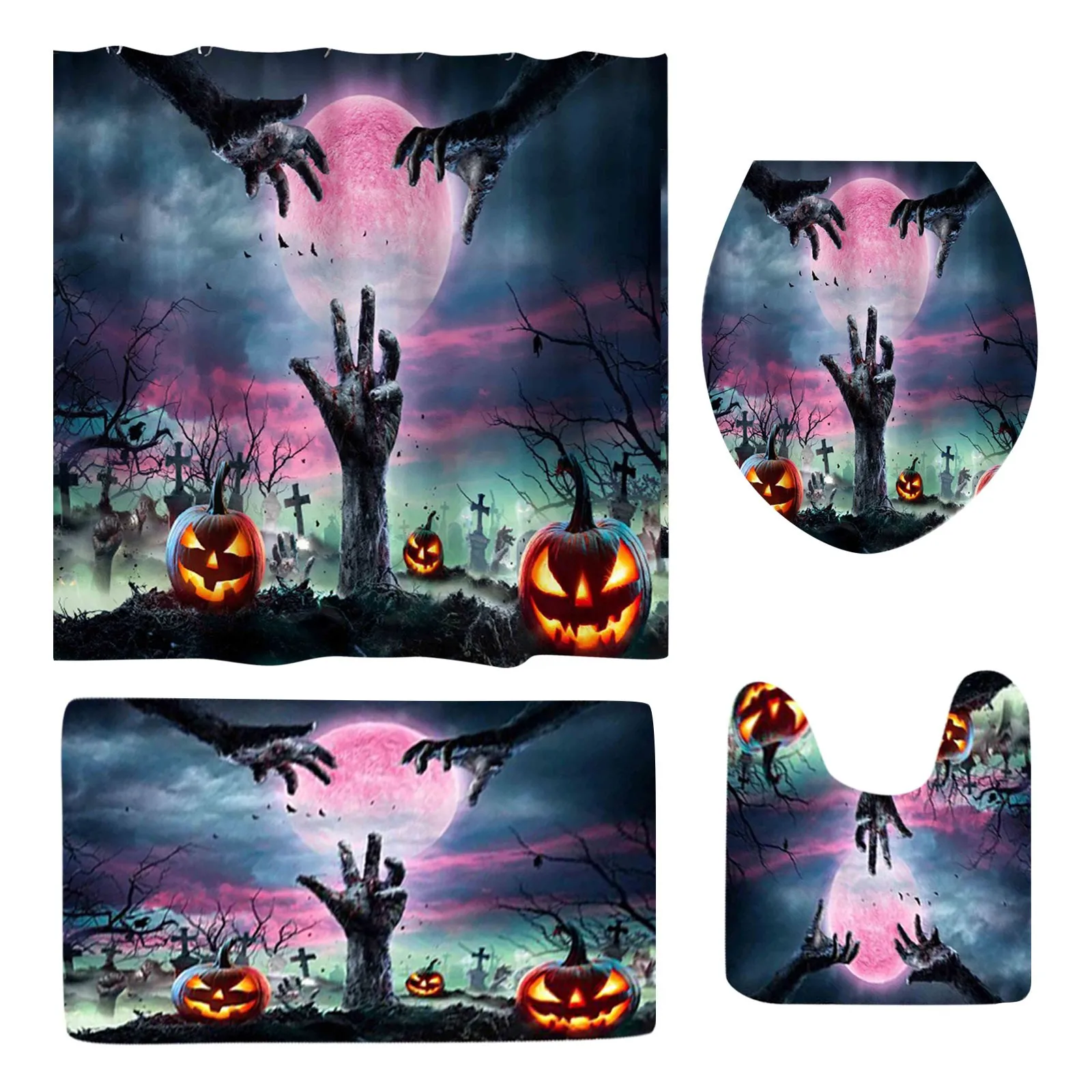 

Four-Piece Set Of St. Halloween Printed Shower Curtain Carpet Mat Combination Bathroom Toilet Mat Bathroom Curtain Set 45*75