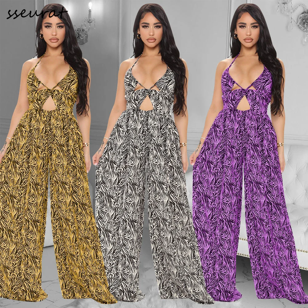 

Женский Летний Пляжный комбинезон с лямкой на шее, без рукавов, с открытой спиной и широкими штанинами