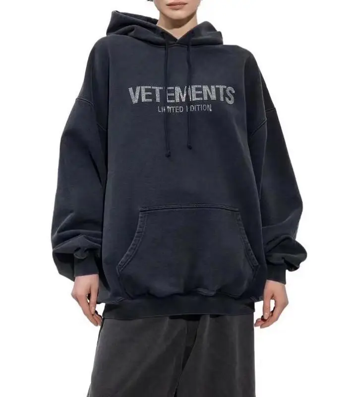 

High Street Vetements Rhinestone Vetements Limited Edition Hoodie For Men Women Washed Hooded Oversize VTM Pullover Hip Hop