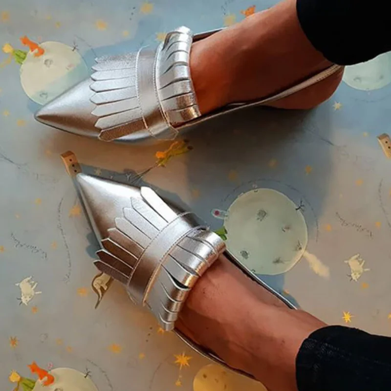 2023 Flat Heels Mules Shoes Pointed Toe Back Strap Women Sandals New Spring Summer Slip-on Lightweight Tassel Female Shoes