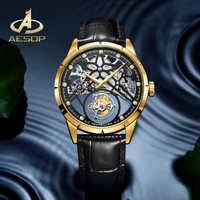 aesop mens mechanical watches 42mm stainless steel tourbillon watch waterproof sappire sport clock golden case