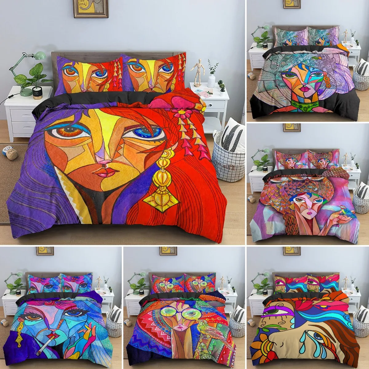 

Abstract Face King Queen Duvet Cover Woman Portrait Print Bedding Set Graffiti Style Comforter Cover Fantasy Design Quilt Cover