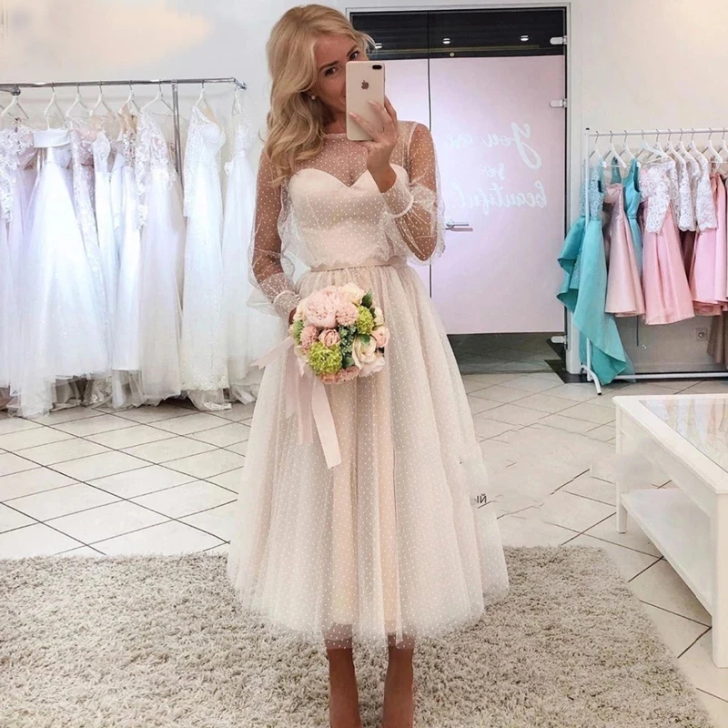 

Short Prom Dress Sexy Bra Elegant Formal Full Sleeve Spot Perspective Fashion A-line Loose Tulle Party Gowns Vestidos De Noche