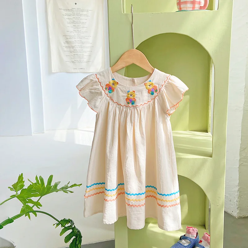 

Children's Rainbow Bear Embroidered Girls' Dress 2023 Summer Flying Sleeve Contrast Cotton Comfortable Kids' Dress
