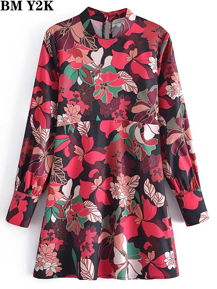 

BM Y2K Women 2022 fashion french floral print gathered mini dress vintage long sleeve back zipper female dresses vestidos mujer