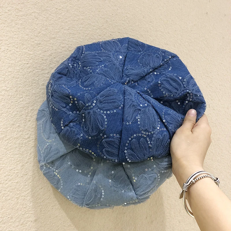 

Bling Sequined Denim Fabric Beret Cap for Women Fashion Street Spring Painter Cap Summer Travel Women Sun Hat Berets Artist Cap