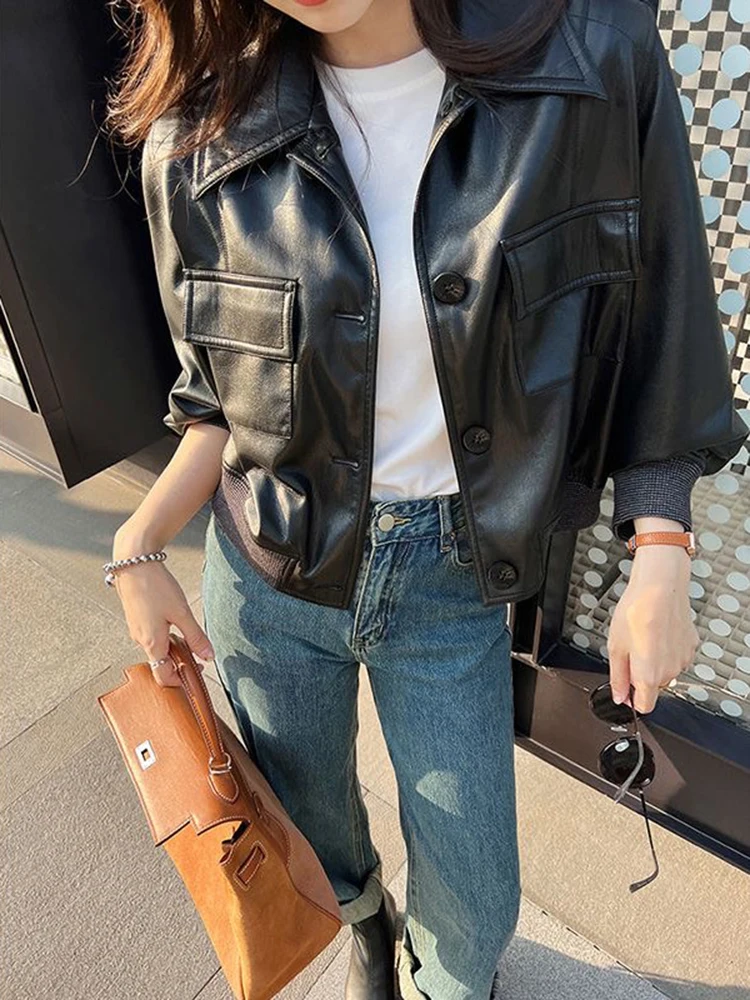 

Punk Streetwear Vintage PU Leather Shorts Jacket Coats Women 2023 Autumn Tops Faux Leather Outwear