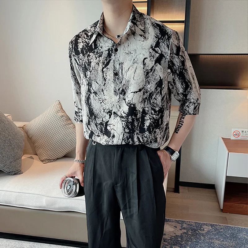 Chinese Style Ink Printing Shirts Men Summer Short Sleeve Loose Casual Shirt Streetwear Social Party Tuxedo Blouse Men Clothing
