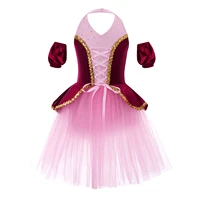 kids girls princess tulle dress with cuffs sleeveless hollow back shiny sequins dance leotard ballet tutu dress performance wear