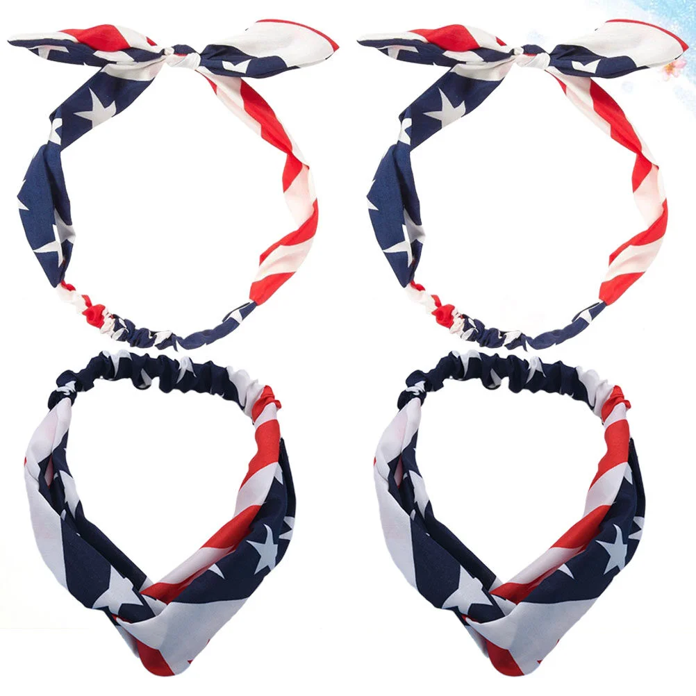 

4Pcs American National Flag Pattern Hair Hoops Cross Elastic Hair Band Women Headband Fashion Headwrap Blue and Red