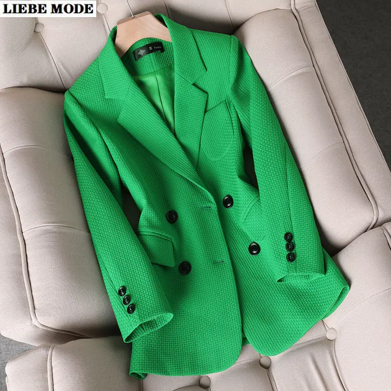 Women's Formal Orange Black Green Blazer Ladies Plaid Double Breasted Work Wear Suit Jacket Coat Long Sleeve Blazer Femme