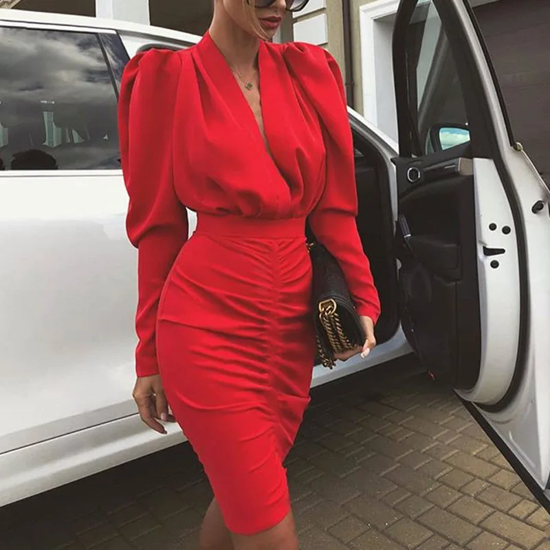 

Long Sleeve V-neck Slim Waist Ruched Bodycon Dress Women Leg-of-Mutton Sleeve Plunge Party Dress Ladies Casual Solid Midi Dress