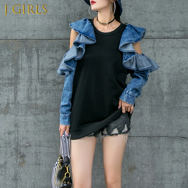 

Patchwork Denim Ruffle Dresses For Female O Neck Long Sleeve High Waists Slimming Hit Color Women's Dress Fashion Tide