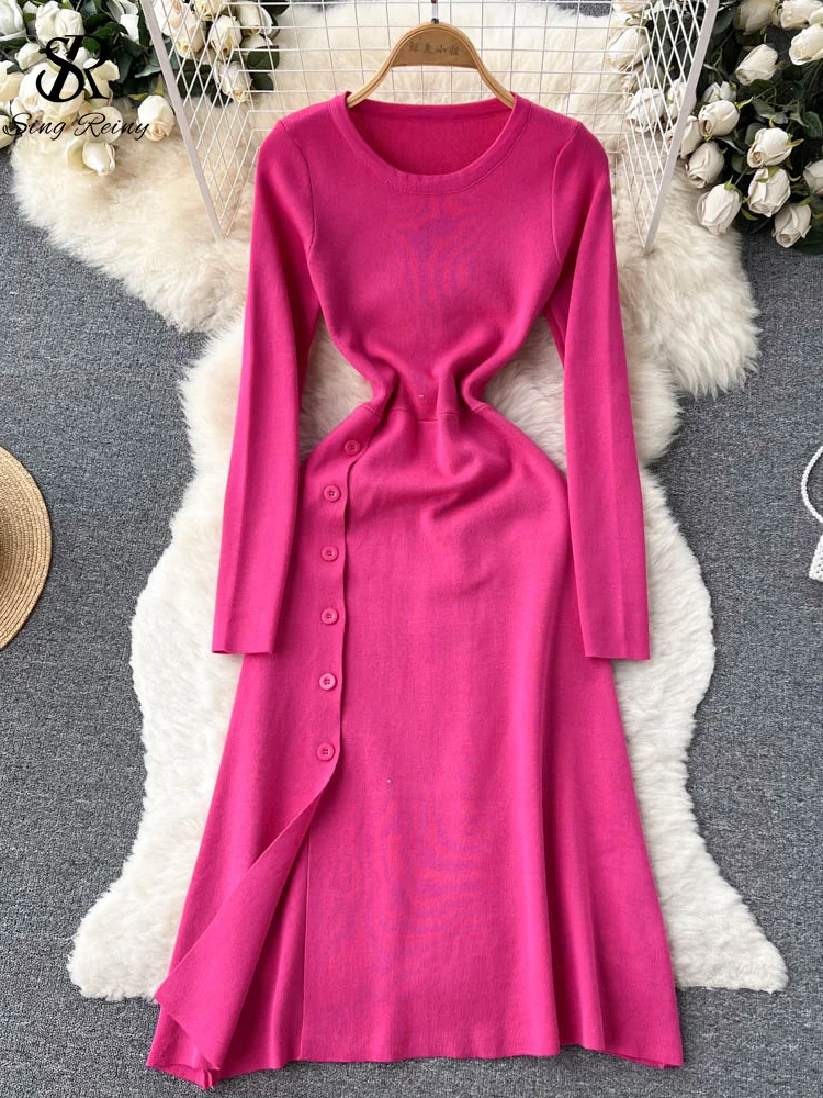

LIRUICHENG French Sexy Warm Dress Female Temperamant O Neck Button Bodycon Long Dress Fashion Autumn Elastic Waist Knitted