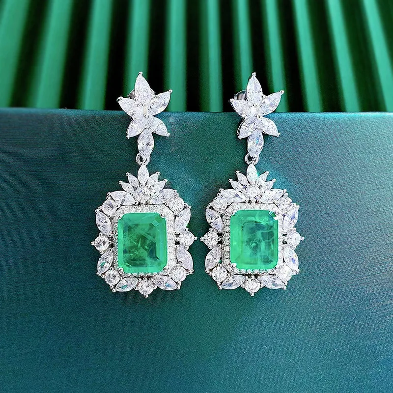 

Foreign Trade New European And American Style S925 Silver Emerald Rectangular Earrings Flower Earrings Temperament Zirconia