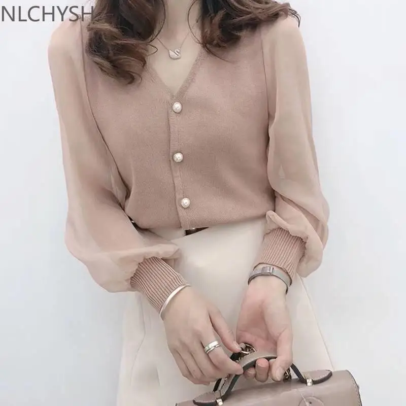 

Plus size Women's Spring Autumn Style Chiffon Blouses Shirt Women's Knitted Button Long Sleeve Solid Color Lace Patchwork Tops