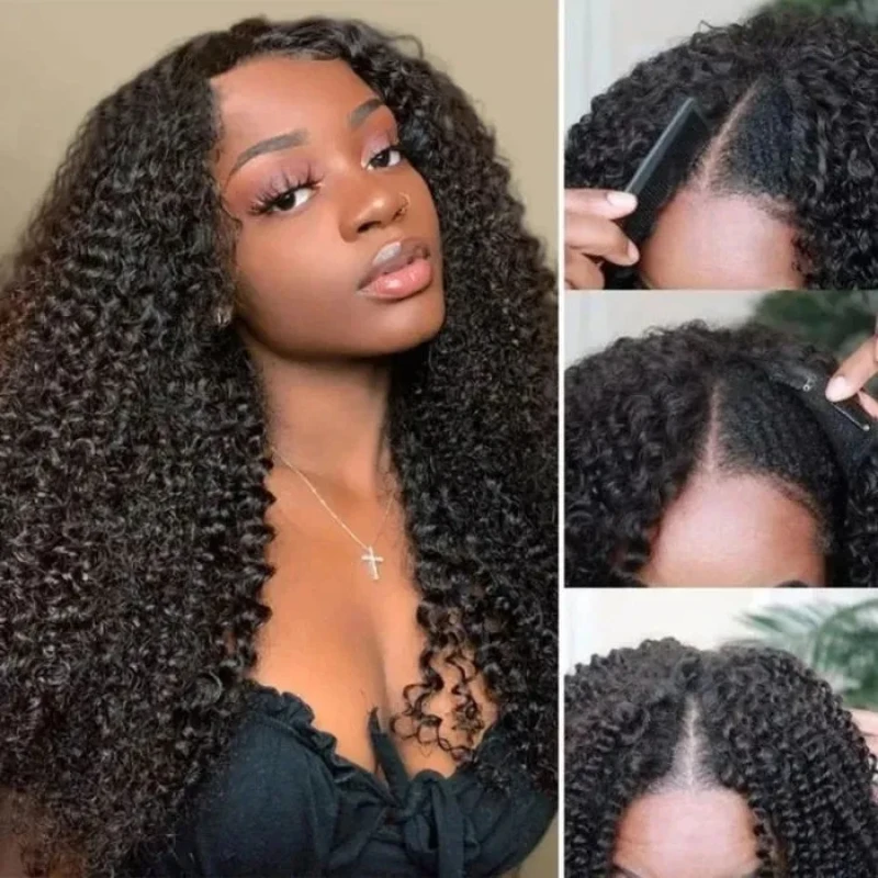 

Unice Hair Kinky Curly V Part Wig Human Hair Wigs No Lace No Leave Out Glueless Wig for Women Natural Black Super Saving