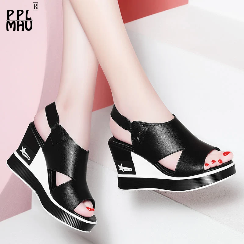 

PU Leather Hollow Platform Wedges Sandals Fashion Peep Toe Non-Slip Heighten 8cm Party Shoes Summer Buckle Woman Rome Shoes