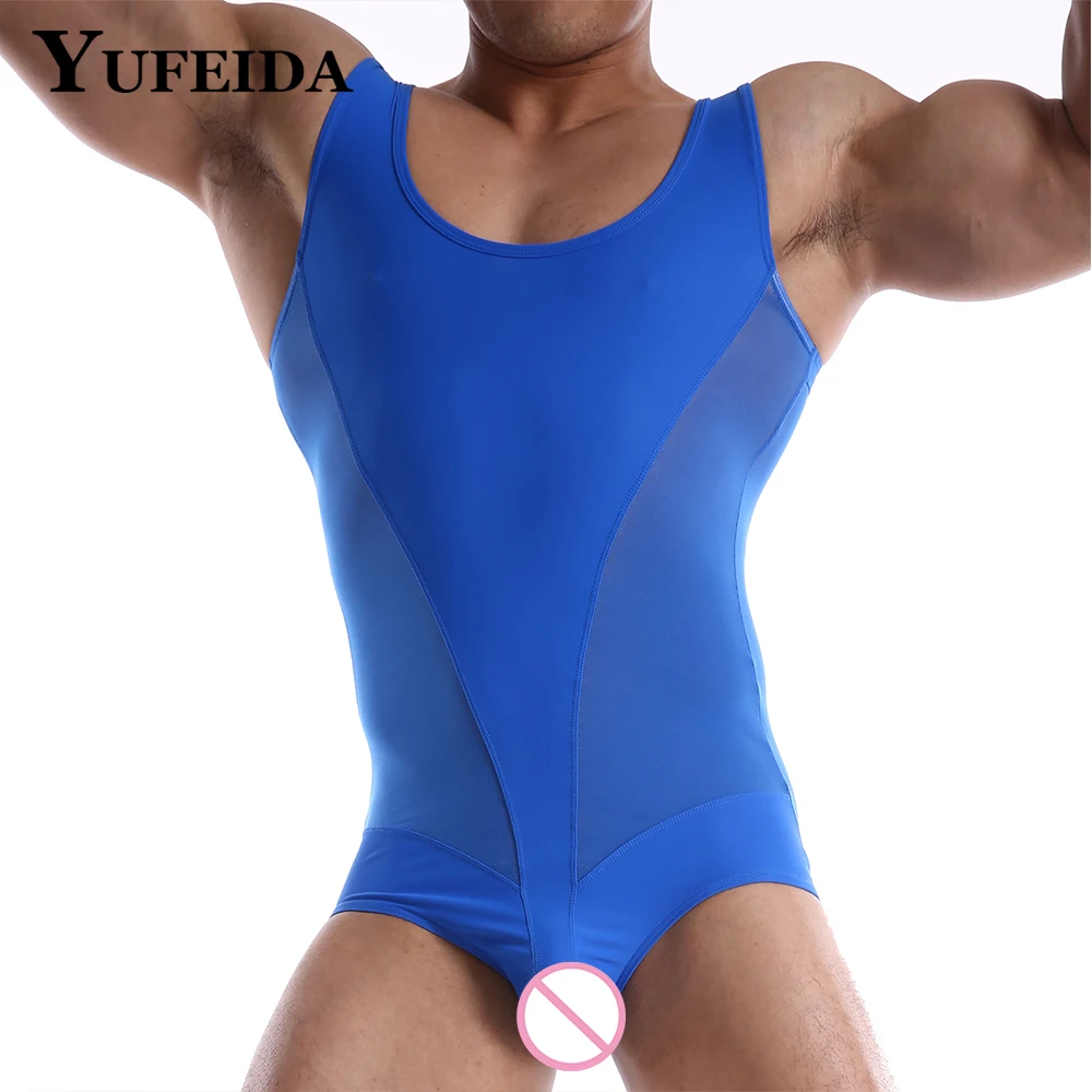 YUFEIDA See Through Patchwork Bodysuit Men Corset Elasticity One-piece Clothing Shapers Slim Corrective Body Sculpting Underwear