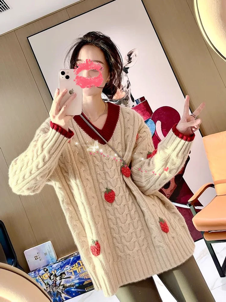 

Hsa 2022, женский зимний свитер и пуловеры, v-образный вырез, клубника, вязаный пуловер, длинный шик, Y2K, одежда, витая, винтажная, Pull