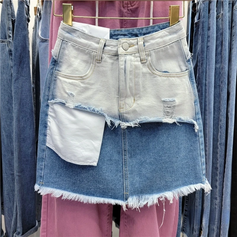 

2022 Summer Denim Skirt Women New Patchwork High Waist Slimming Holes Elegant Ripped Frayed A- Line Jean Skirts Ladies Street