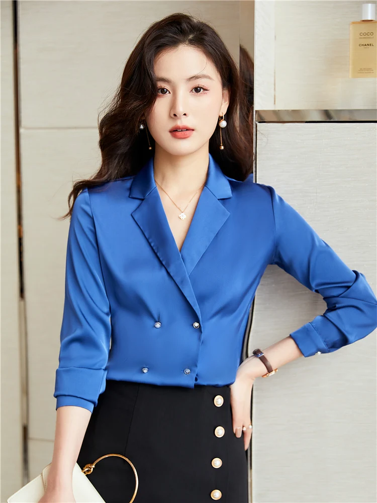 

Fashion Woman Blouses 2022 Spring Vintage Shirt White Lady Long Sleeves Blue Double Breasted Female Casual Loose Shirts Tops