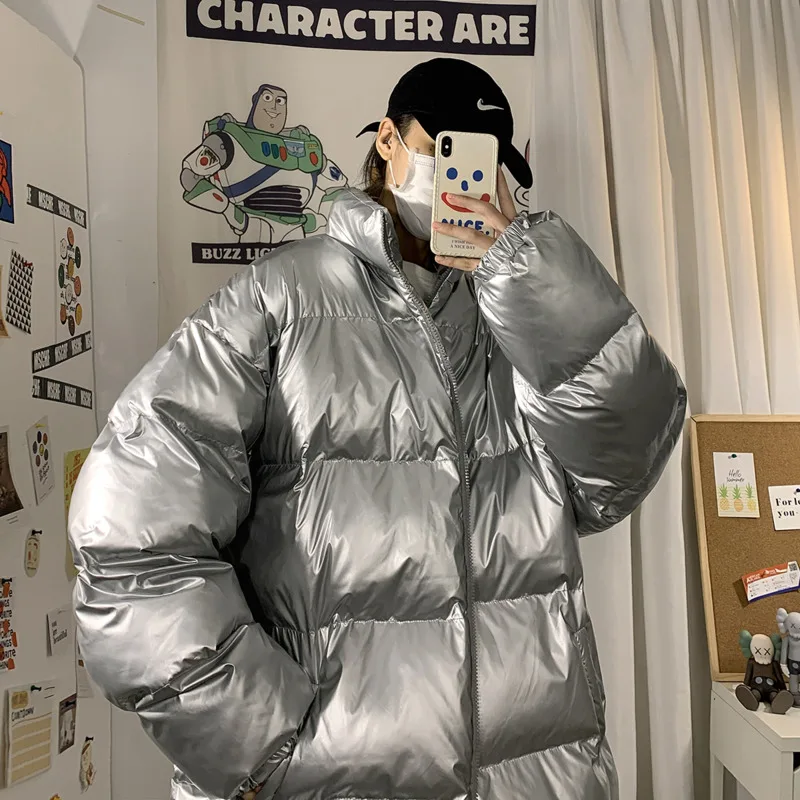 Winter Jacket Men Warm Fashion Silver Black Thicken Jacket Men Streetwear Korean Loose Thick Short Coat Mens Parker M-5XL