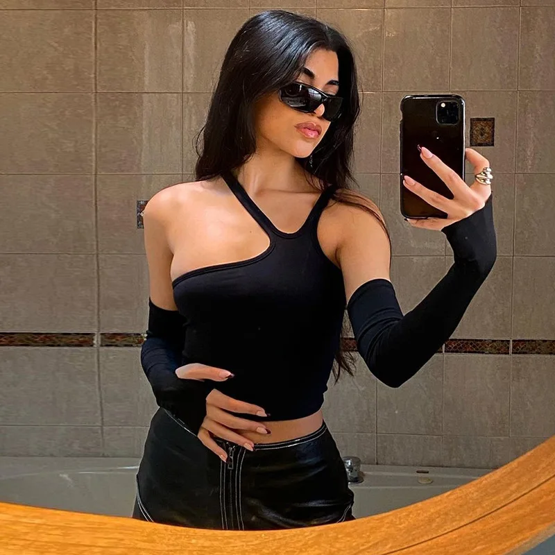 

COROF Spring Summe Fashion Casual Slim Solid Removable Sleeves Halter T Shirt For Women New Streetwear Wild Basic Female Top Hot
