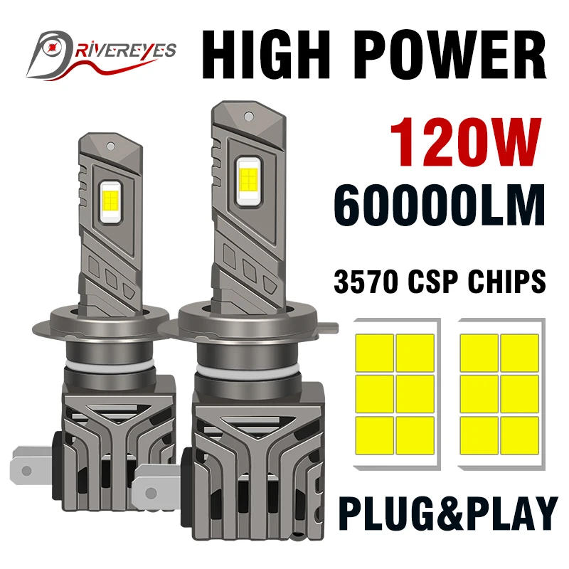 

120W H7 LED Car Headlight Bulbs Plug And Play 60000LM H4 H11 H8 H9 9005 9006 HB3 HB4 9012 Mini Wireless Turbo Auto Front Lamp
