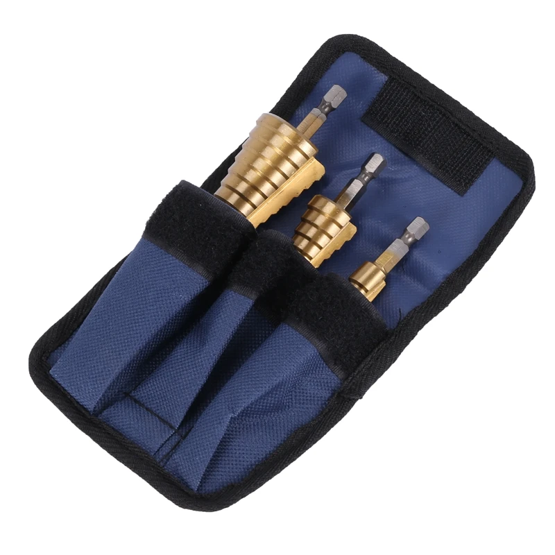

3Pc Step Drill Bit Set Cone Hole Cutter Taper Metric 4 - 12 / 20 / 32mm 1 / 4 Inch Titanium Coated Metal