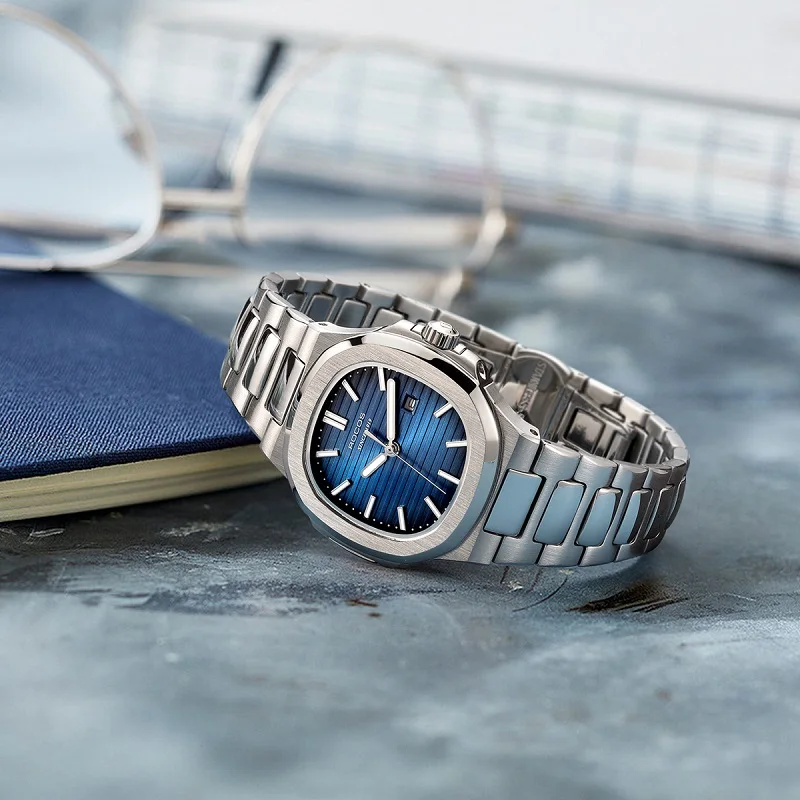 ROCOS Women's Waterproof Quartz Watch Luxury Women Bracelet Quartz Blue Dial Square Watch Stainless Steel Quartz Watch