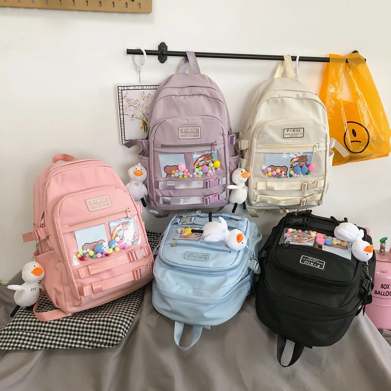 

Korean Pretty Women Large Capacity Backpack Lovely Skyblue Teenager Girls Waterproof School Bags Clear Pockets Travel Backpacks