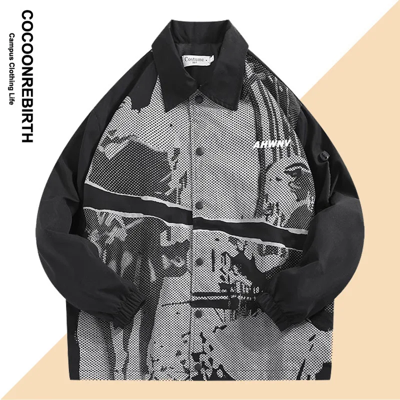 

Japanese Harajuku Men Women Retro Patchwork Abstract Print Varsity Jacket Coat Fashion Baseball College Outwear Unisex Spring