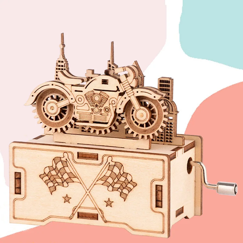 

Wooden Hand Crank Motorcycle Music Box DIY Jigsaw Puzzle Building Toys Music Boxes Birthday Christmas Gift Home Decor