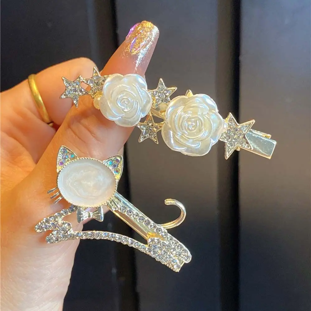 

1PC Cute Cat Hair Pin Crystal Vintage White Rose Hair Side Clip Barrette For Women Girl Gift Hair Accessories