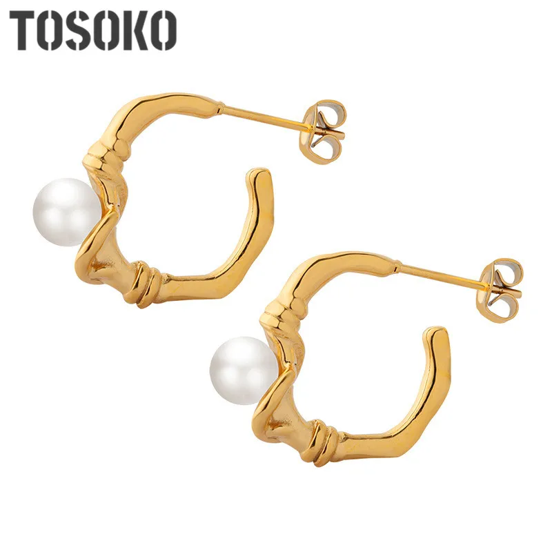 

TOSOKO Stainless Steel Jewelry Geometric Bamboo Pearl Earrings Women's Elegant Fashion Earrings BSF066