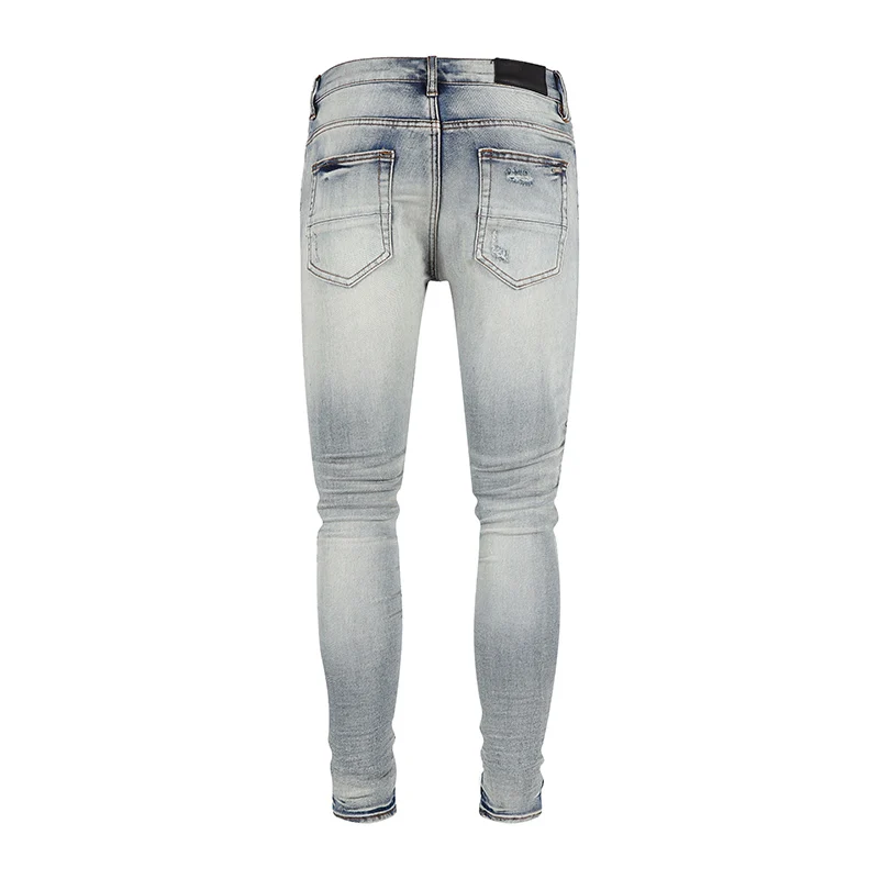 High Street Fashion Men Jeans Retro Blue Skinny Elastic Ripped Jeans Men Stretch Button Fly Patched Trousers Hip Hop Brand Pants