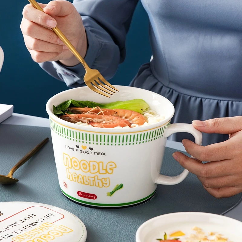 

1180ml ins style creative instant noodle ceramic Bowl with cover Cup bento box Student lunch box instant noodle soup bowl set