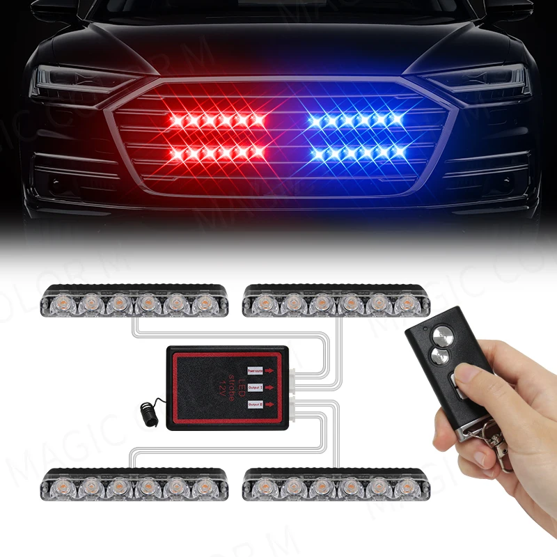 

4X6 Car Led Grid Police Strobe Light Emergency Remote Wireless Control Grill Signal Warning Flashing Beacon Ambulance Lamps