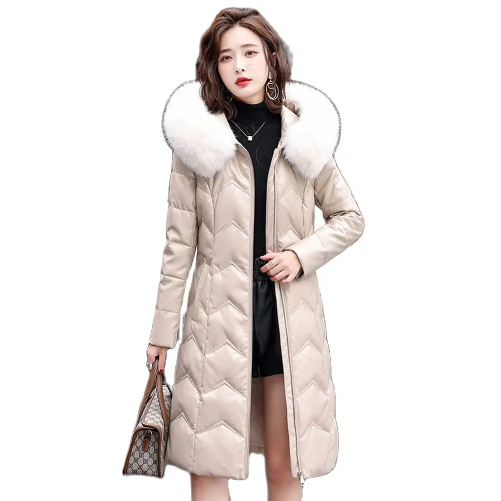 New Women Leather Down Coat Winter Casual Fashion Warm Real Fox Fur Collar Hooded Sheep Leather Down Jacket Slim Long Thick Coat