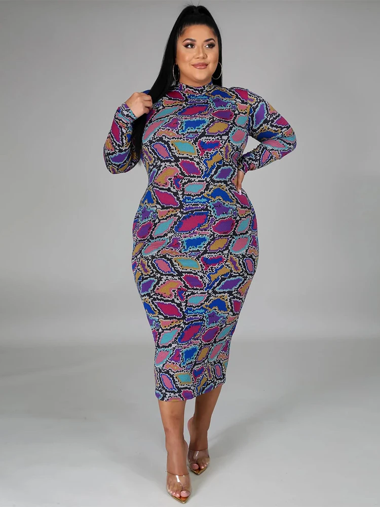 

ZJFZML ZZ Women Clothing Dress Plus Size Serpentine Print Long Sleeve Bodycon Bandage Mid Calf Dresses Dropshipping Wholesale