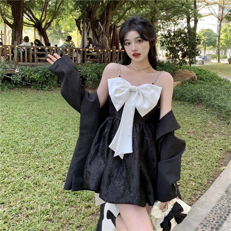 

2023 Spring Summer New Women's Strap Dress Sweet Fashion Temperament Jacquard Bow Tie Bra Free Shipping
