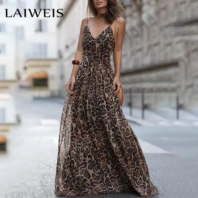 

LAIWEIS Vintage Leopard Print Long Women Dress Sexy V-Neck Spaghetti Strap Floor-Length Maxi Female Party Dresses 2022 New