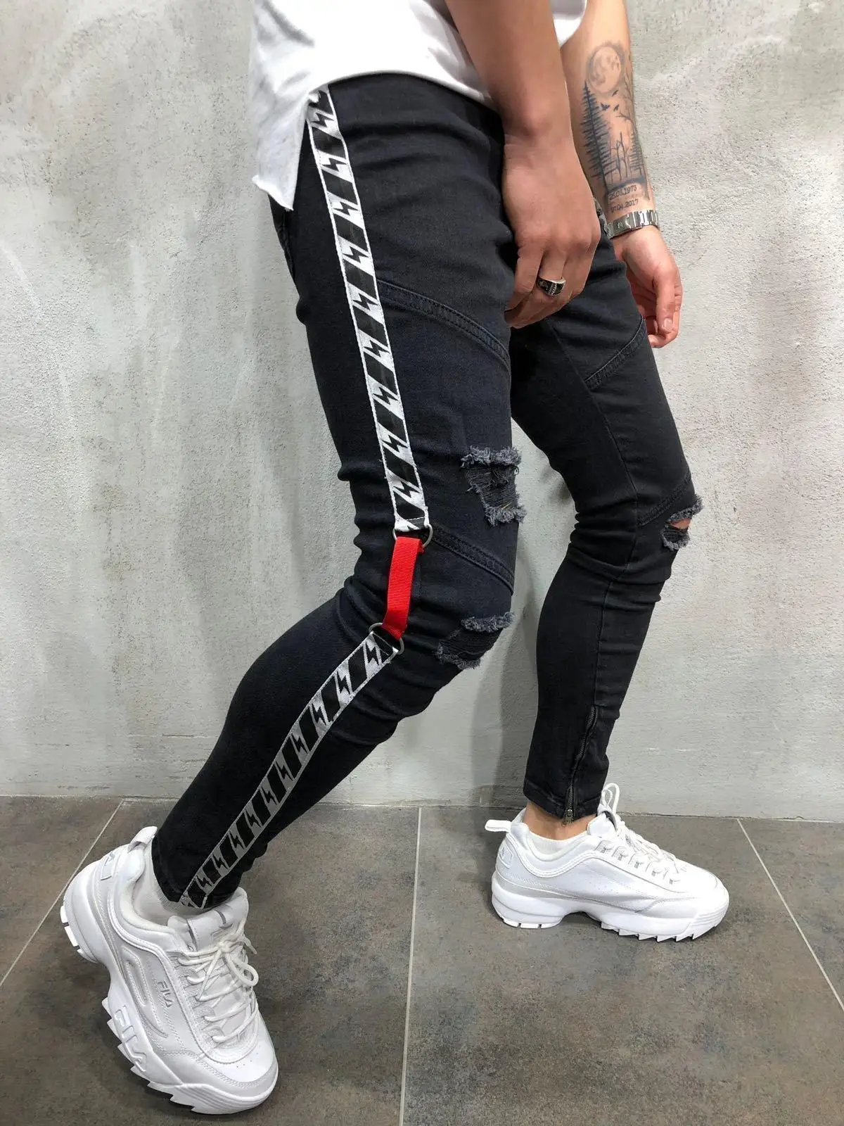 New Mens Jeans Ripped Pull Link Webbing Denim Pant for Men
