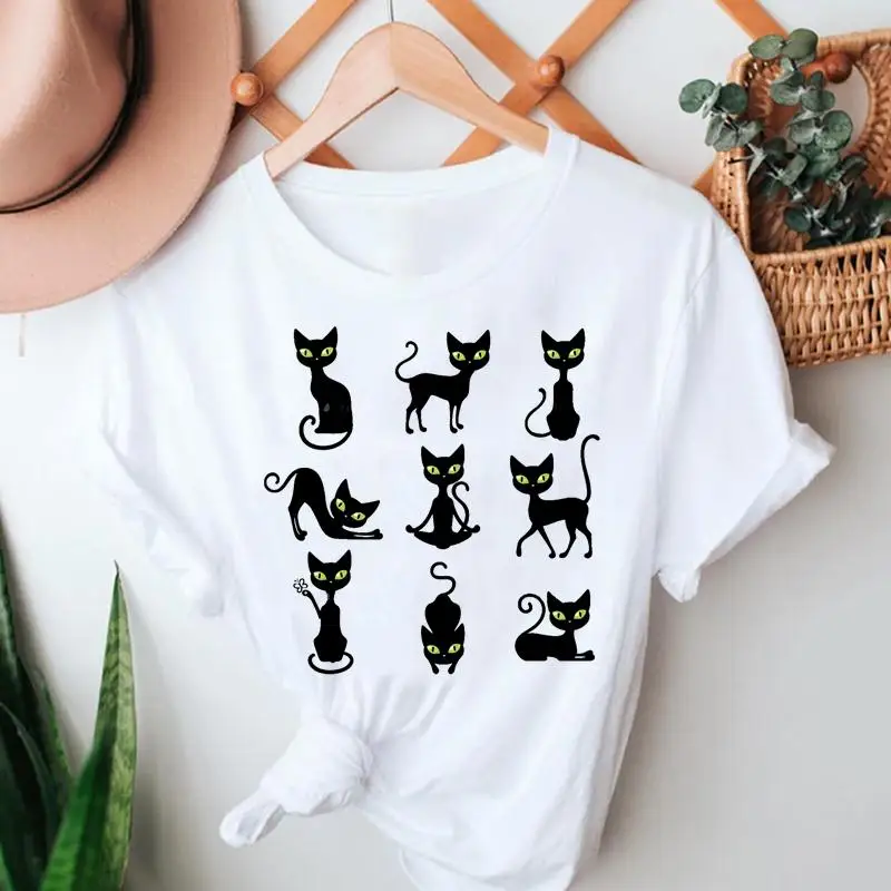 

Women Summer Tshirts Cat Funny LovelyTrend Cartoon Fashion Short Sleeve Clothes Stylish T Top Lady Print Sexy Tee T-Shirt