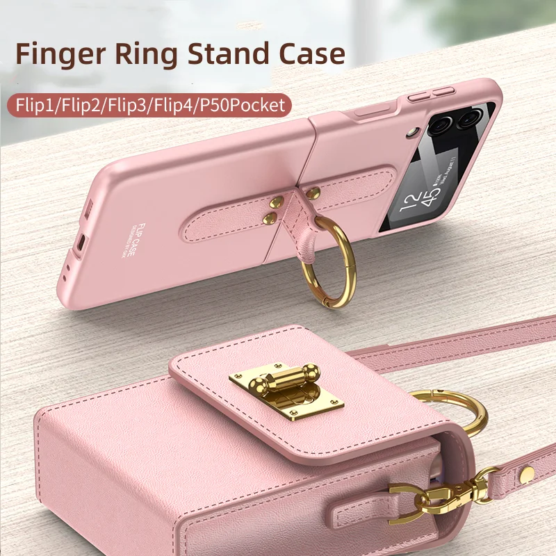 Crossbody Bag Phone Case For Samsung Galaxy Z Flip2 Flip3 Flip 4 Shoulder Necklace Flat Open Leather Clutch Shockproof Funda New