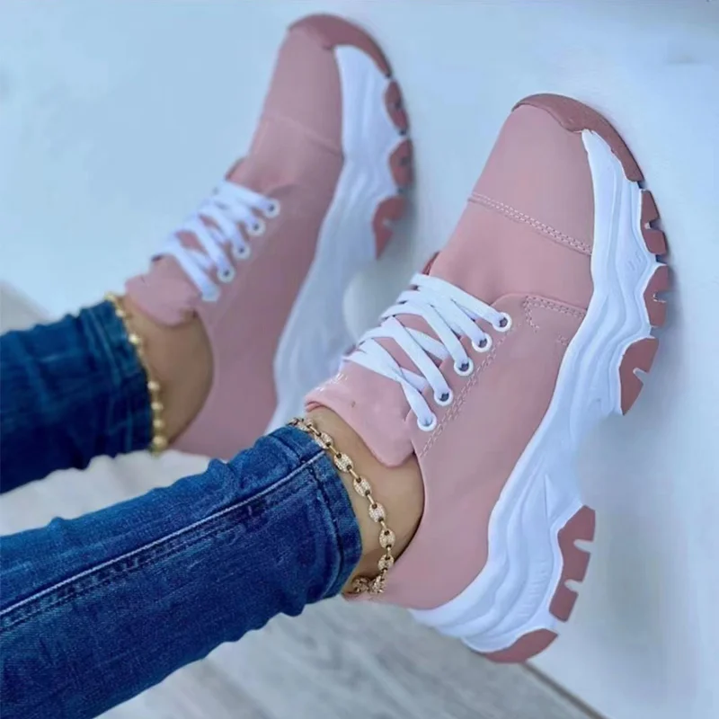 New Women Sport Shoes Casual Solid Color Sneakers Platform Lace Up Sport Shoes Breathable Comfortable Non-slip Shoes