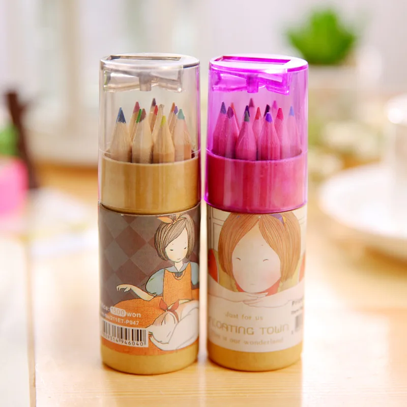 Short Haired Girl Mini Portable Wooden 12 Colored Pencil Dra