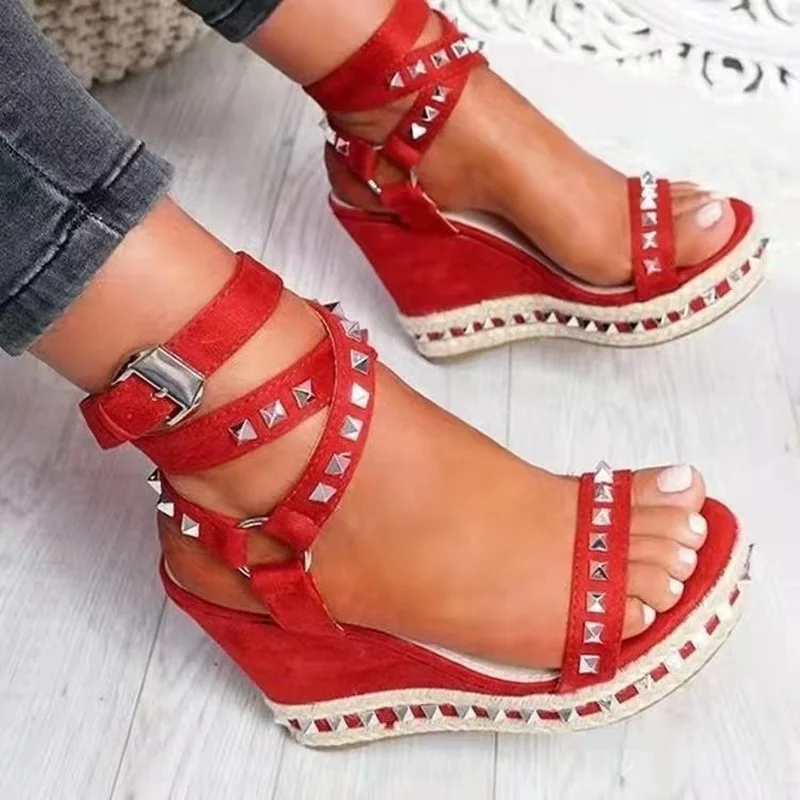 

Women's shoes new rivet open toe wedge platform sandals women's fashion all-match high heels women shoes